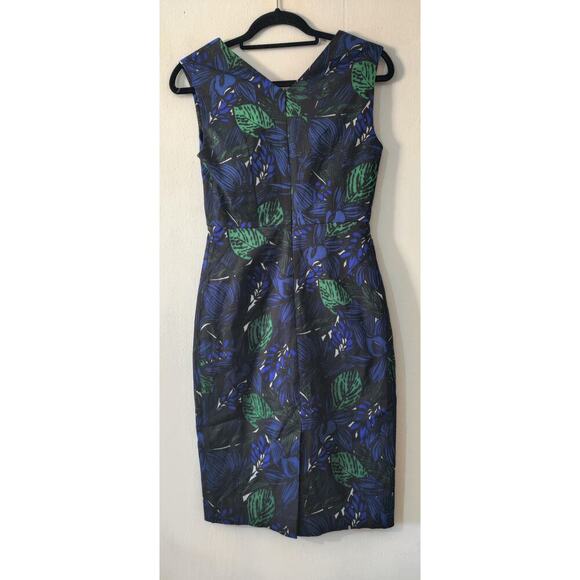 JIGSAW Sheath Dress V-Neck Sleeveless Tropical Leaf Print Sz 6 Blue Black Green - Picture 2 of 4